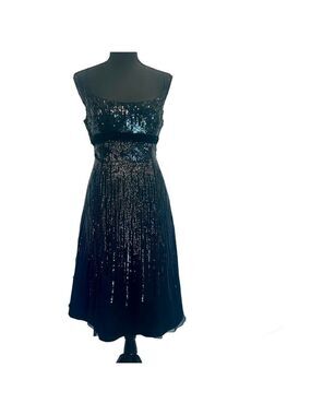 Jovani black sequin silk velvet sleeveless spaghetti strap A-line midi dress 12